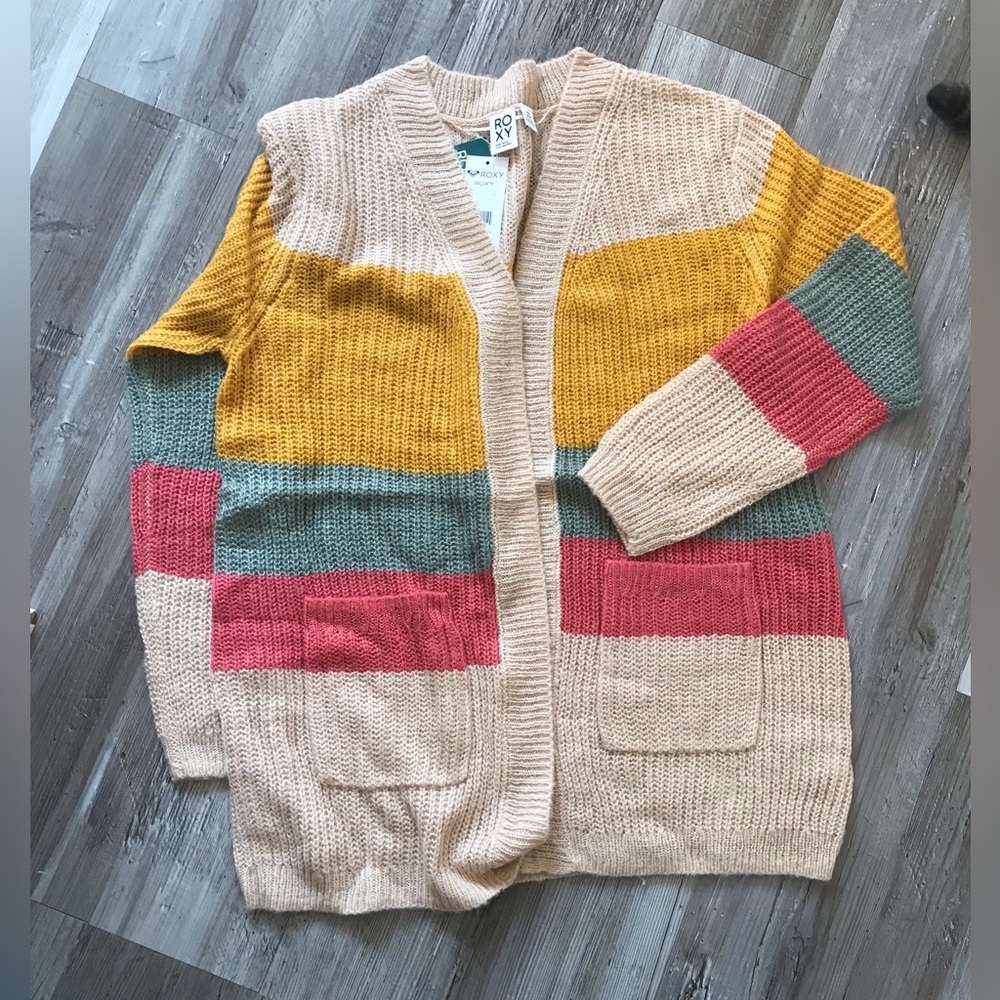 Roxy Colorblock Open-Front Women’s Cardigan Sweater - Beige/Mustard/Teal/Pink